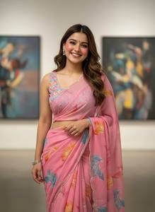 Sari en soie Rangoli de qualité supérieure, doux et élégant, avec broderie C-Pallu et bordure ajourée pour les occasions de mariage et de Diwali - Product Image 4