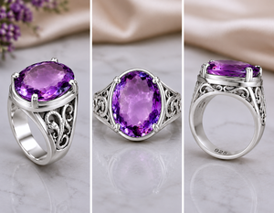 Anillo de cóctel vintage de plata 925 con amatista para mujer, corte ovalado, engaste de bisel, joyería fina - Product Image 1