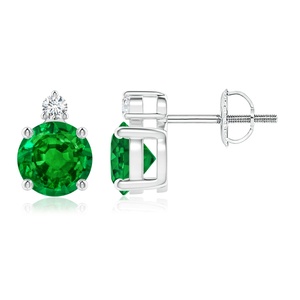 Pendientes Redondos de Esmeralda y Diamante en Oro Blanco de 14kt, Joyería Fina con Cierre de Rosca, Piedra de Nacimiento de Mayo, Regalo de Lujo para Ella - Product Image 1