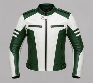 Blouson moto homme en cuir véritable vert et blanc, col montant, fermeture éclair, coupe ajustée, style automne - Product Image 3
