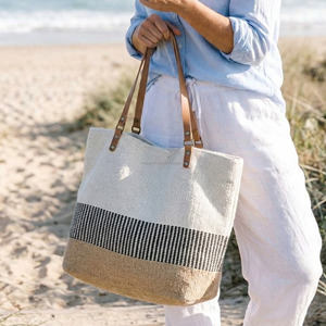 Grands sacs fourre-tout tissés à rayures multiples, de luxe, pour femmes, vente en gros indienne, avec doubles sangles, sacs de rangement pour vêtements - Product Image 5