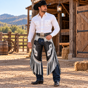 Black Silver Leather Chinks | Western <b>Cowboy</b> Riding <b>Chaps</b> Two Tone Fringe Studded Ranch Rodeo Equestrian Horse Riding Tack Gears - Product Image 3