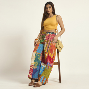 Wholesale Winter Vintage Kantha Patchwork Floral Printed Wide Leg <b>Pants</b> Women Handmade 100% Cotton Boho <b>Palazzo</b> Trousers - Product Image 4