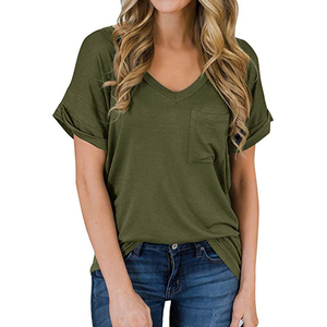 Camiseta Casual de Mujer con Cuello en V y Bolsillo, Holgada, de Manga Corta, Lisa, con Logotipo Personalizado, Top de Mezcla de Algodón Suave - Product Image 3