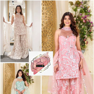 ชุดคุर्ตาคอ halter ปักลายผีเสื้อแบบตาข่าย พร้อมกางเกง palazzo และผ้าคลุมไหล่ มี 3 สีใหม่เพิ่มขึ้นสำหรับงานแต่งงานและโอกาสพิเศษ - Product Image 3