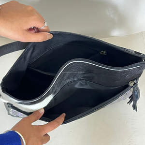 Sac fourre-tout pour femme en cuir de vachette à carreaux violet et noir, avec motif floral en cuir travaillé, grande capacité, sac de voyage - Product Image 6