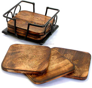 Hand Carved Tree of Life Design Coasters Set 100% Natural Wooden Coaster With Metal Holder Hot Selling <b>Wood</b> <b>Placemats</b> for Drinks - Product Image 5