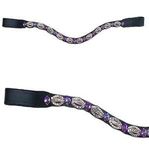 Bande de sourcils en cuir courbe fait à la main, chaîne métallique décorative en métal violet et tout cristal clair, noir et marron, 1 rangée de breloque - Product Image 1