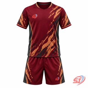 Conjunto de Uniforme de Fútbol para Academia de Fútbol Juvenil, Jersey Pixel Flame y Pantalones Cortos, Sublimado Personalizado, Secado Rápido, Cuello en V, Cintura Elástica - Product Image 1
