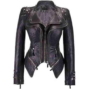 Women's Genuine Leather Moto <b>Biker</b> <b>Jacket</b> Slim Fit Zipper Stand Collar Full Sleeve Windproof Autumn Style - Product Image 1