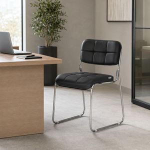 Chaise de bureau de direction moderne à dossier moyen sans roulettes, siège en PVC noir, structure en métal chromé pour réunions et visiteurs - Product Image 4