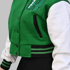 Chaqueta universitaria de alta calidad hecha en fábrica para mujer, forro polar de algodón con cuello verde levantado, chaqueta con letras verdes - Product Image 6