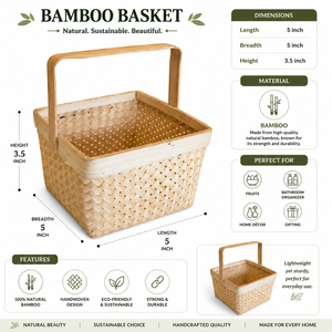 Cesta de Almacenamiento de Bambú Hecha a Mano con Asa |   Cesta de Bambú Tejida Natural para Organización del Hogar - Product Image 5