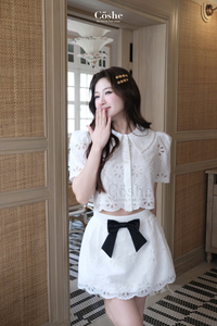 Coshe YUKI เครื่องแต่งกายสไตล์เกาหลีสุดหรูของผู้หญิงกระโปรงสั้นและคอเสื้อเบลาส์ผูกโบว์น่ารักสำหรับใส่ในชีวิตประจำวันไปงานปาร์ตี้ - Product Image 6