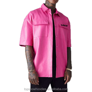 Custom Short Sleeve Chest Pocket <b>Button</b> Up Cuban Collar Faux Leather Shirt for Men - Product Image 3