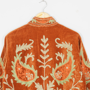 Women Velvet Embroidered <b>Jacket</b> Mandarin Collar Lantern Sleeve Floral Boho Style Autumn Coat Handmade Suzani <b>Pattern</b> - Product Image 4