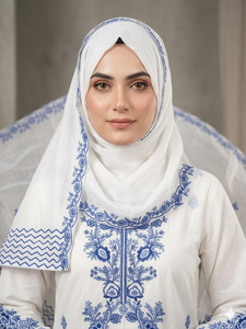 Costume pakistanais en coton blanc, broderie Resham bleu roi, ensemble 3 pièces, Salwar Kameez de créateur, adapté au hijab, tenue de fête - Product Image 3