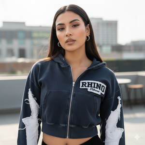Premium Custom Print <b>Zip</b> Hoodie 500GSM Heavyweight Cotton Embroidered Detail Sun-Faded Acid Wash Cropped Boxy Fit RHINO FITNESS - Product Image 6