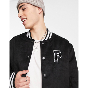 Chaqueta Varsity Negra para Hombre con Bordado de Letra P Blanca, Corte Regular, Cuello Camisero, Estilo Casual, Ropa de Otoño - Product Image 6
