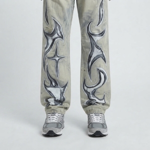 Jeans de Mezclilla para Hombre, Corte Recto, Lavado a la Piedra, con Apliques de Estampado Tribal, Estilo Hip Hop, Corte Holgado, para Primavera - Product Image 2