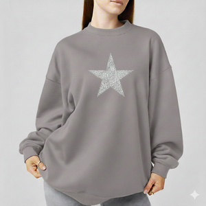 Sweat-shirt oversize pour femme à col rond avec imprimé étoiles scintillantes, épaules tombantes, manches longues, en coton tricoté, pour l'automne - Product Image 2