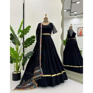 FANCY GEORGETTE SECUENCIA DE HILO TRABAJO LEHENGA CHOLI CON DUPATTA NEGRO - Product Image 1