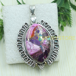 <b>Pink</b> Copper Turquoise Pendant 925 Sterling Silver Handmade Oval Boho Statement Jewelry Vintage Ethnic Designer Gift for Unisex - Product Image 3