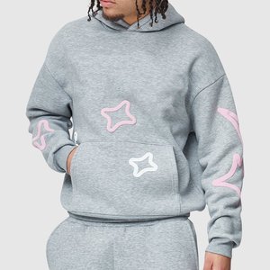 Most Selling Custom Logo Mens Gray Hooded <b>Tracksuit</b> <b>Set</b> With <b>Pink</b> Star Print Full Sleeve Casual Joggers Side Pockets Autumn Wear - Product Image 3