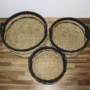 Ensemble de paniers de rangement en rotin et jonc de mer avec poignées, panier à linge rond tressé bicolore - Product Image 2