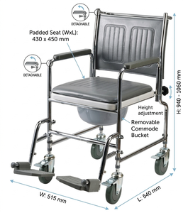 Inodoro Móvil Ajustable en Altura con Reposabrazos Desmontables, Asiento Fácil de Limpiar, Soporte para el Asiento y Ruedas - Product Image 3