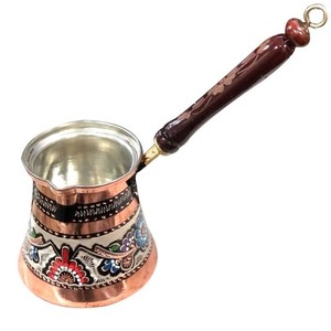 Cafetière turque artisanale en laiton avec poignée en bois, motif floral émaillé, Cezve traditionnelle pour la maison, le café, l'hôtel, idée cadeau - Product Image 3