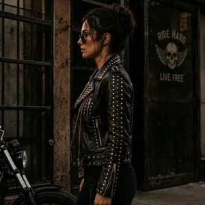 <b>Women</b> Black <b>Leather</b> Biker <b>Jacket</b> with Gold Studs – Punk Rock <b>Moto</b> Coat - Product Image 4