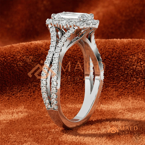 <b>Emerald</b> Cut Halo Diamond <b>Ring</b> in Sterling <b>Silver</b> Premium Split Shank Halo <b>Ring</b> in <b>Silver</b> with Diamond - Product Image 4