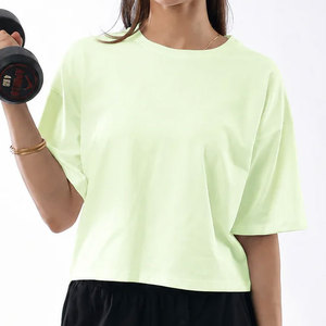 Camiseta sin costuras para mujer, top de gimnasio, ropa deportiva al por mayor, hombros caídos, manga corta, elástica, 100% algodón, jersey, color liso - Product Image 5