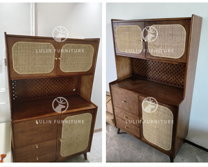 Aparador de Madera Maciza y Ratán Estilo Moderno de Mediados de Siglo con Cajones y Mueble para Electrodomésticos, Almacenamiento de Cocina y Barra de Café para Comedor - Product Image 5