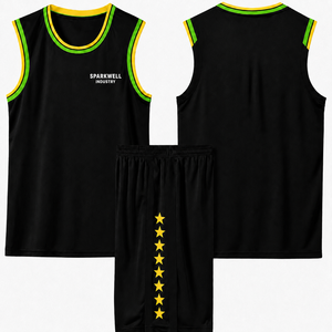Sparkwell Black Basketball Jersey Set Sleeveless Tank Top Printed Front <b>Yellow</b> Star Elastic Waist <b>Shorts</b> Unisex Children - Product Image 1