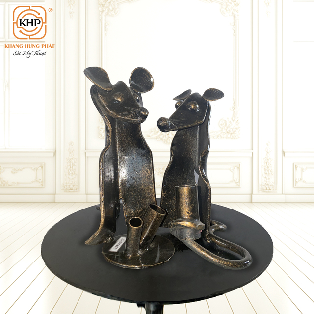 Khang Hung Phat Wrought Iron Rat Sculpture Candle Holder Full 3D Casting Black Nickel Plated Multi-Color Home Decoration