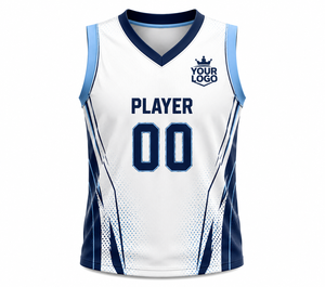 Ensemble d'uniformes de basketball personnalisés sublimés, blanc et bleu, maillot sans manches et short, unisexe adulte, anti-transpiration, 100% polyester - Product Image 2