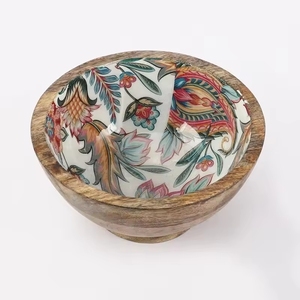 Bol de service en bois artisanal moderne avec motif de feuilles vertes à l'intérieur, bols décoratifs vintage pour la table à manger à la maison - Product Image 5