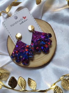 Boucles d'oreilles éventail à paillettes faites à la main, violet, bleu, or, bijoux à paillettes, ensemble cadeau pour la Saint-Valentin - Product Image 3