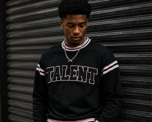 <b>Men's</b> Custom <b>Black</b> Crewneck <b>Sweatshirt</b> with Chenille Varsity Lettering Pink Striped Sleeves Rib Cuffs and Hem - Product Image 5