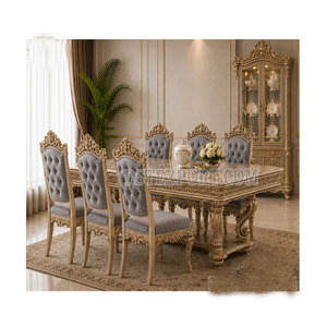 Majestuoso Juego de Comedor de 8 Plazas con Mesa y Sillas Talladas en Hoja de Oro, Estilo Rococó Opulento, Tapizado en Azul Real - Product Image 1
