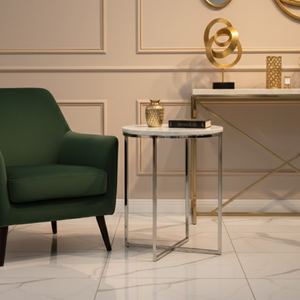 โต๊ะตกแต่งหินอ่อนสีขาวหรูหราพร้อมสแตนเลสสตีล |   โต๊ะข้างทรงกลมสไตล์มินิมอลสำหรับห้องนั่งเล่น ห้องรับรอง และตกแต่งบ้าน - Product Image 4