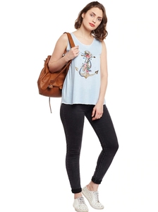Camiseta sin mangas con estampado floral azul claro para mujer, cuello redondo, de punto, de algodón, sin mangas, informal, para verano - Product Image 5