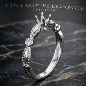 Art Deco 18K White Gold Semi Mount Ring 4-Prong Milgrain Geometric Rhombus Accent Engagement Custom Band Size For Perfect Fit - Product Image 1