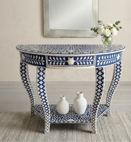 Table console ovale en bois avec incrustations d'os et d'agate, table d'appoint pour entrée ou salon