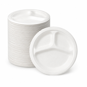 Bandeja Redonda Desechable de 9 Pulgadas con 3 Compartimentos de Bagazo de Caña de Azúcar para Catering, Comida para Llevar, Bodas y Fiestas, Ligera - Product Image 3