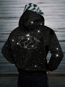 เสื้อฮู้ดดี้ผู้ชายประดับคริสตัลสีดำทรงโอเวอร์ไซส์ สไตล์สตรีทแวร์ ผ้าคอตตอนผสม ผลิตตามสั่ง พร้อมบริการผลิตและจัดหา - Product Image 3