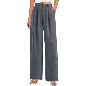 High Waist Wide Leg <b>Pants</b> Women Solid Gray Pleated Full Length Loose Fit Minimalist Style Anti-Wrinkle Woven Trousers - Product Image 1