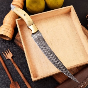 Custom Forged Damascus Steel Chef Fillet Kitchen <b>Knife</b> with Camel <b>Bone</b> <b>Handle</b> and Leather Sheath - Product Image 4